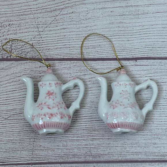 White and Pink Floral Porcelain Teapot Ornament Set of 2 - Picture 1 of 12